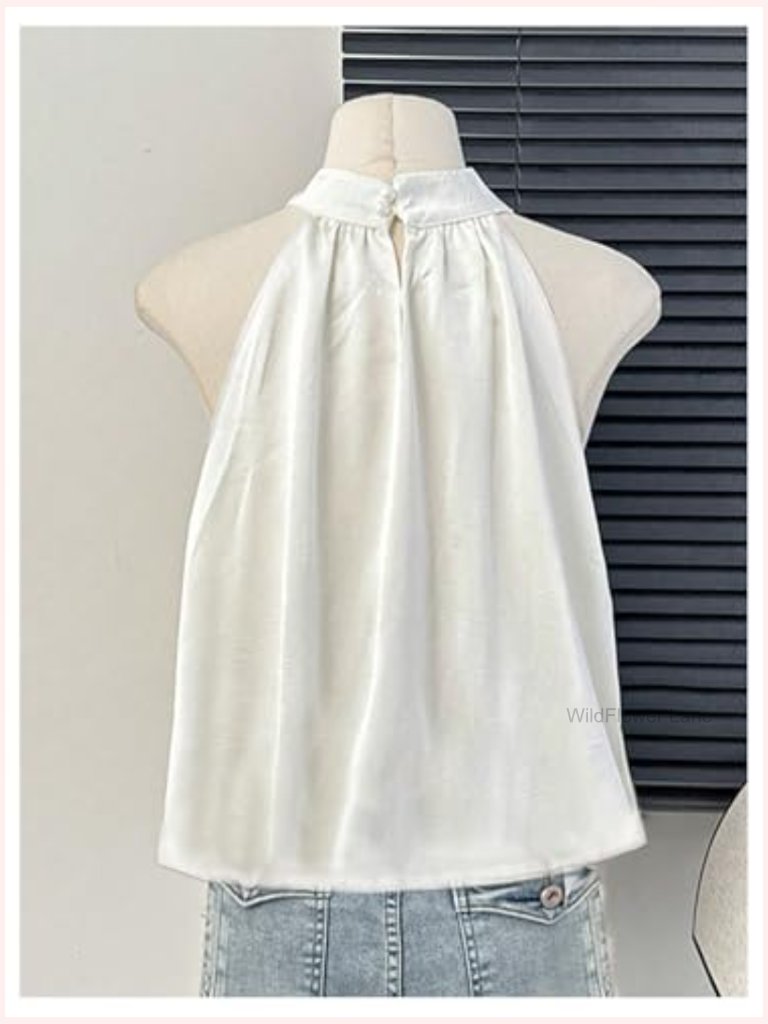 Satin Halter Blouse 3d Floral Pleated Dressy Work Top